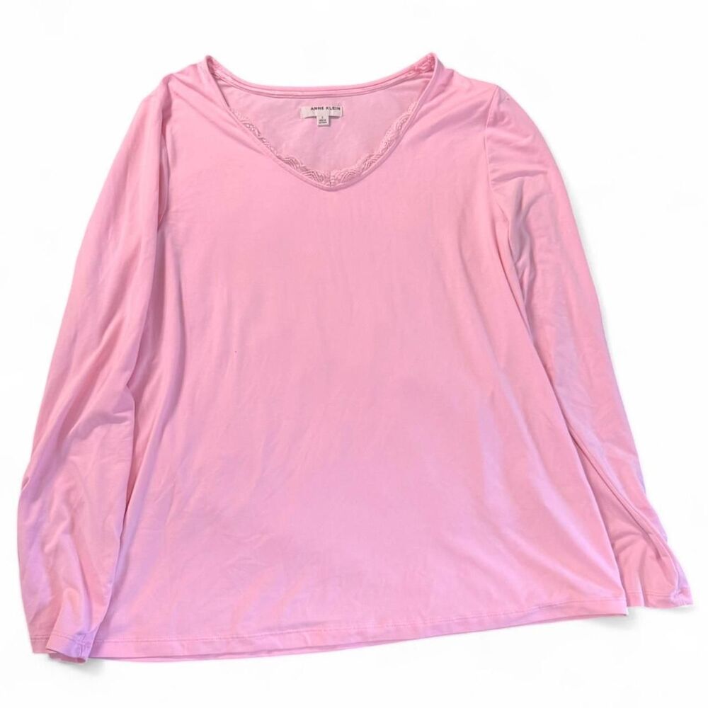 Anne Klein Small Pink Long Sleeve V-Neck Lace Trim Top S Tunic Jersey